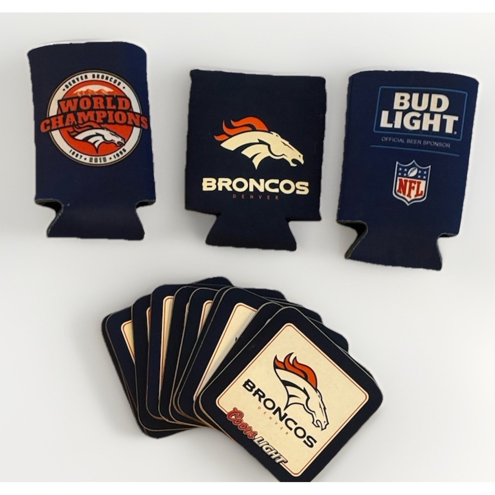 Denver Broncos Set of 11 Coasters & 3 Koozies Beer Can Coozies NFL Football